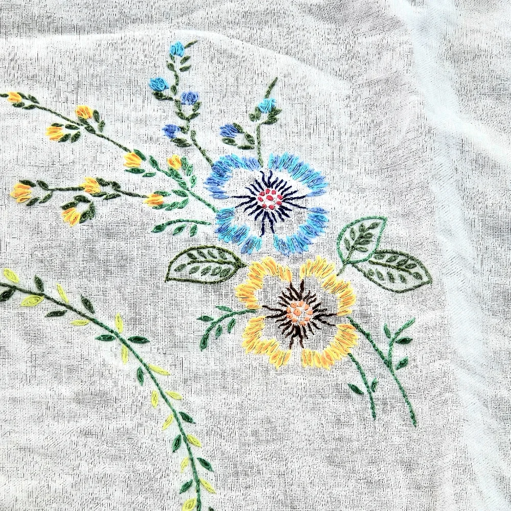 Vintage Embroidered Linen Tablecloth Spring & Summer Flowers Handmade 48 X 48